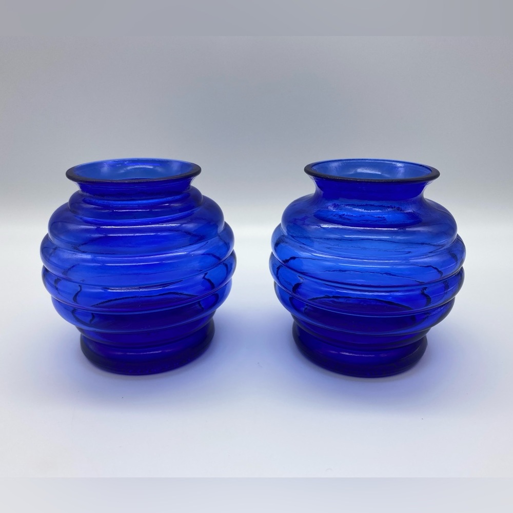 Vintage Pair of Cobalt Blue Beehive Vases / Candle Holders